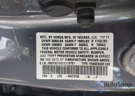 2012 Honda Civic Lx z USA, uszkodzony, nr VIN 19XFB2F50CE318151